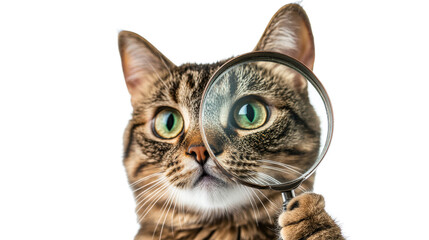 Funny kitten detective looking through lens with big eye