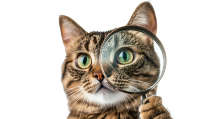 Funny kitten detective looking through lens with big eye