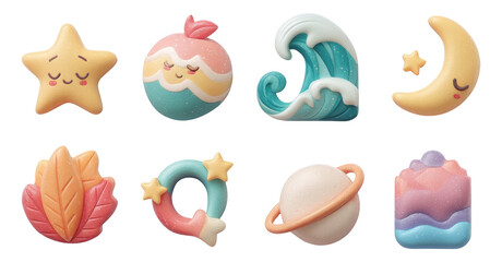 Fototapeta premium Charming 3D Claycarved Pastel Icons Collection with Playful Designs and Soft Colors