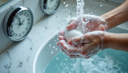 Fototapeta premium Person washes hands with soap under running water, creating foam and splashes. Two clocks in background suggest time spent on ritualistic cleaning.