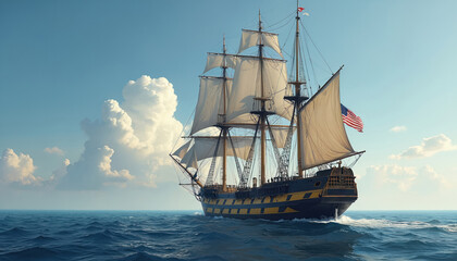 Historic sailing ship HMS Victory navigates blue ocean waves under cloudy sky. Fully rigged warship flies American flag. Naval vessel appears during revolutionary war era.