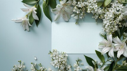 Elegant white flowers on soft blue background with blank card