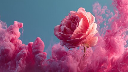Delicate pink rose suspended in vibrant pink ink cloud submerged in clear blue water background