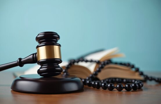 Wooden gavel on desk with open book and black prayer beads. Concept represents Islamic law justice and religious faith in court. Legal system symbol.