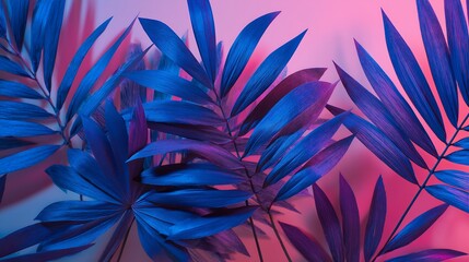 Vibrant blue tropical leaves on pink background for design