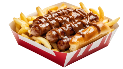 Sausage and chips. Fast food basket. Gravy fries meal.