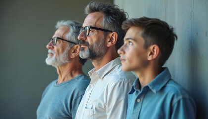 Three Caucasian males aged boy father grandfather stand in row looking into distance showing unity and family support. Generations connect symbolizing hope and future.