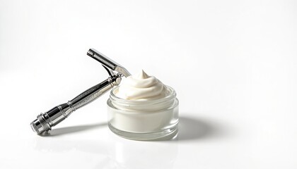 Chrome safety razor and shaving cream jar on white background. Classic wet shave accessory for men grooming, skin care. Preparing for daily shave, personal hygiene ritual.