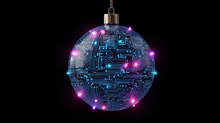A futuristic Christmas ornament, a globe with a digital circuit board design, glowing pink and blue lights on black