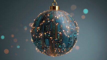 A close-up shot of a Christmas ornament made of a circuit board. Gold cap with hanging cord, twinkling lights. Grey blurred background