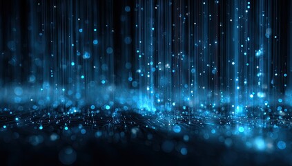 Abstract digital art with blue glowing particles resembling data streams and a sparkling surface