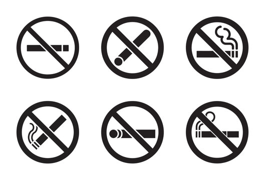 A collection of six different black and white no smoking icons for various applications