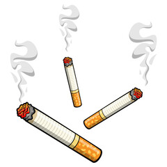 Vibrant cartoon vector graphic depicting three burning cigarettes with rising smoke, symbolizing addiction and unhealthy habits, isolated design element.