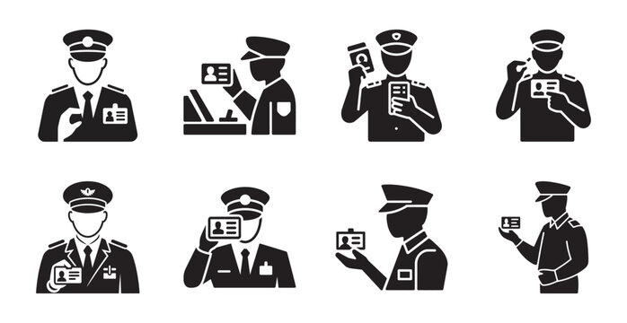 Security personnel, border control, and identity verification icon set