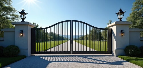 Elegant black metal gate guards private driveway leading to mansion. Tall posts with lanterns flank the entrance. Lush green lawn and trees form scenic backdrop. Clear blue sky overhead.