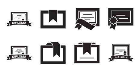 A set of black diploma and certificate icons featuring frames and ribbons for educational achievements