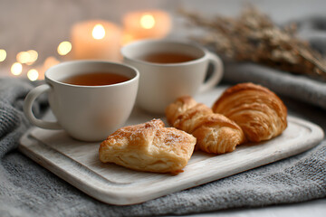 intimate breakfast setting, enjoy a warm holiday breakfast for two with tea, pastries, and comfortable fabrics