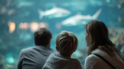 Three people, two men and a woman, sitting in front of a large aquarium. they are looking at a group of sharks swimming in the water.