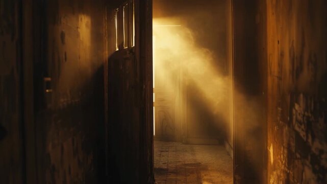 Light Shining Through Open Door in Dark Corridor