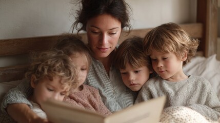 Mother reading a book to her four children on a bed. the mother is sitting in the center of the bed, with her arms around the children.
