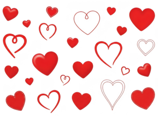 Collection of red hearts isolated on transparent background