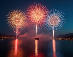 Bright fireworks light up night sky above calm lake. Colorful explosions reflect on water surface. Festive occasion celebrated with pyrotechnic display near distant town.