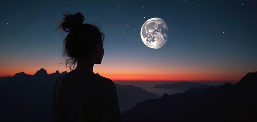 Silhouette of a woman watches large moon rise over mountain range at dusk. Stars dot deep blue twilight sky. Calm ocean water visible beyond dark hills. Serene twilight mood.