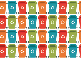 Seamless pattern with colorful trash bins. Background of recycling and waste containers 
