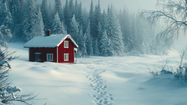 Red Cabin in Snowy Forest Winter Landscape