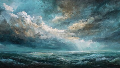 Atmospheric painting of a dramatic ocean scene beneath a cloudy sky with sun rays breaking through