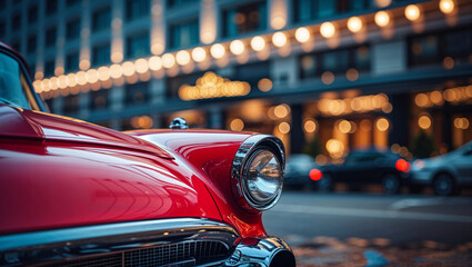 Close-up of a vintage red car's headlight and chrome grille on a city street at night