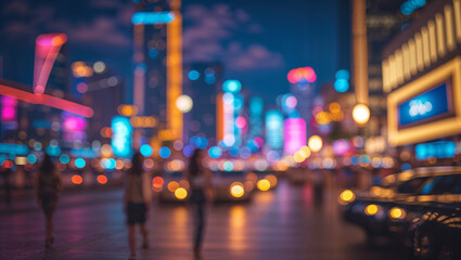 Blurred city street at night with vibrant bokeh lights and silhouettes of people walking