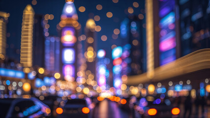 Vibrant city lights create a bokeh effect at night with blurred skyscrapers and traffic
