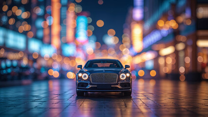 Luxury sedan parked on a wet city street at night with bokeh lights