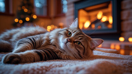 Cozy tabby cat relaxing by a warm fireplace with Christmas lights in the background