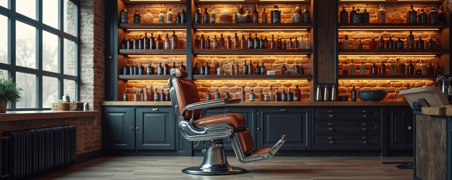 Vintage barber chair waits in salon. Shelves display hair product bottles. Brick wall interior shows rustic charm and classic design. Elegant grooming space.