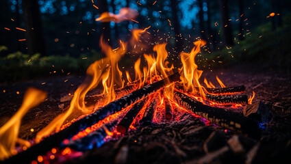 Close-up of a vibrant campfire burning at dusk in a dark forest with glowing embers and sparks