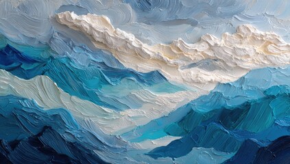 Obraz premium Close-up view showcasing a textured oil painting depicting a dynamic and cloudy sky above water