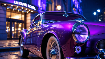 Vintage purple convertible parked outside a luxury hotel at night with neon lights