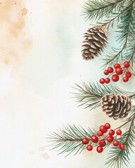 Tender spruce branches with red berries and cones on a pastel backround, watercolor illustration. Free space for text.