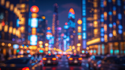 Blurred city lights at night with bokeh effect and traffic on the street