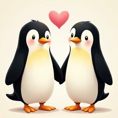 Obraz premium Two cute cartoon penguins stand together holding wings. Pink heart floats above their heads. Penguins look at each other with affection. Ideal for Valentines Day or love themed designs.