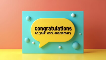 Greeting card celebrates work anniversary achievement. Text says Congratulations on your work anniversary. Colorful illustration with speech bubble conveys message of success and career milestones.