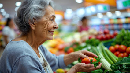 Smiling senior woman choosing fresh tomatoes and greens at a grocery store produce section