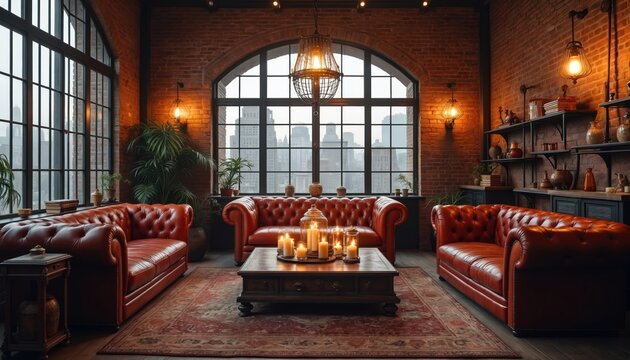 Rustic loft living room with tufted leather sofas and antique table. Large windows overlook city skyline, candles glow warmly creating cozy ambiance. Exposed brick walls and vintage decor. - Powered by Adobe