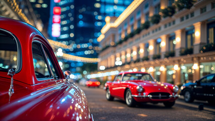 Classic red sports cars cruise down a vibrant city street at night