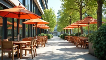 Modern office building exterior with outdoor patio seating. Empty tables and chairs under orange umbrellas, lined by green trees. Bright sunny day, clean urban landscape.
