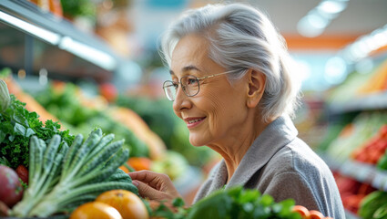 Elderly woman with glasses happily choosing fresh vegetables at a grocery store