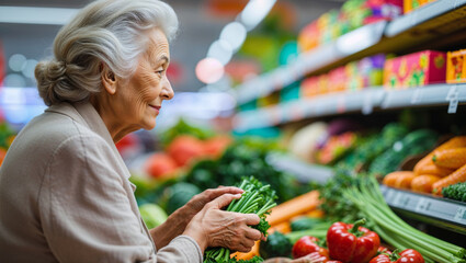 Elderly woman with grey hair happily choosing fresh green vegetables at the grocery store