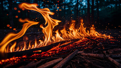 Close-up of a campfire burning logs and branches in a dark forest at night